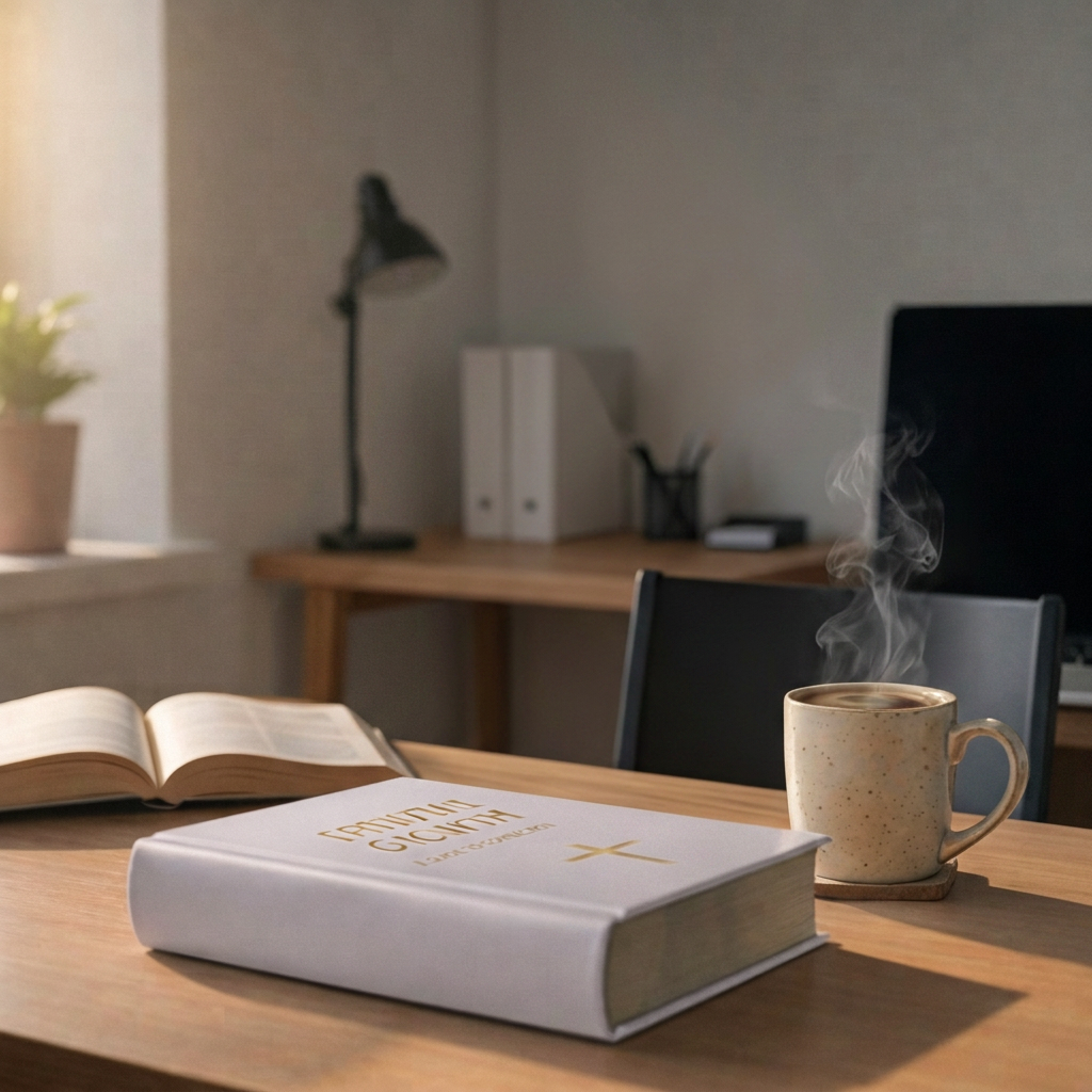 Christian books A hardcover Christian prayer book titled “Holy Hands, A Handbook for Intercessors” rendered without legible text, its deep navy cloth cover subtly embossed with an abstract cross motif. The book rests slightly open on a smooth, light wooden desk beside a simple, unlit white pillar candle and a closed laptop, suggesting online purchase options. Soft morning light from an unseen window washes across the scene, creating gentle highlights on the book’s spine and delicate shadows along the pages. Photographic realism, eye-level composition with shallow depth of field keeps the focus on the book, while the blurred background shows a tidy, modern home office, evoking a professional yet devotional atmosphere.