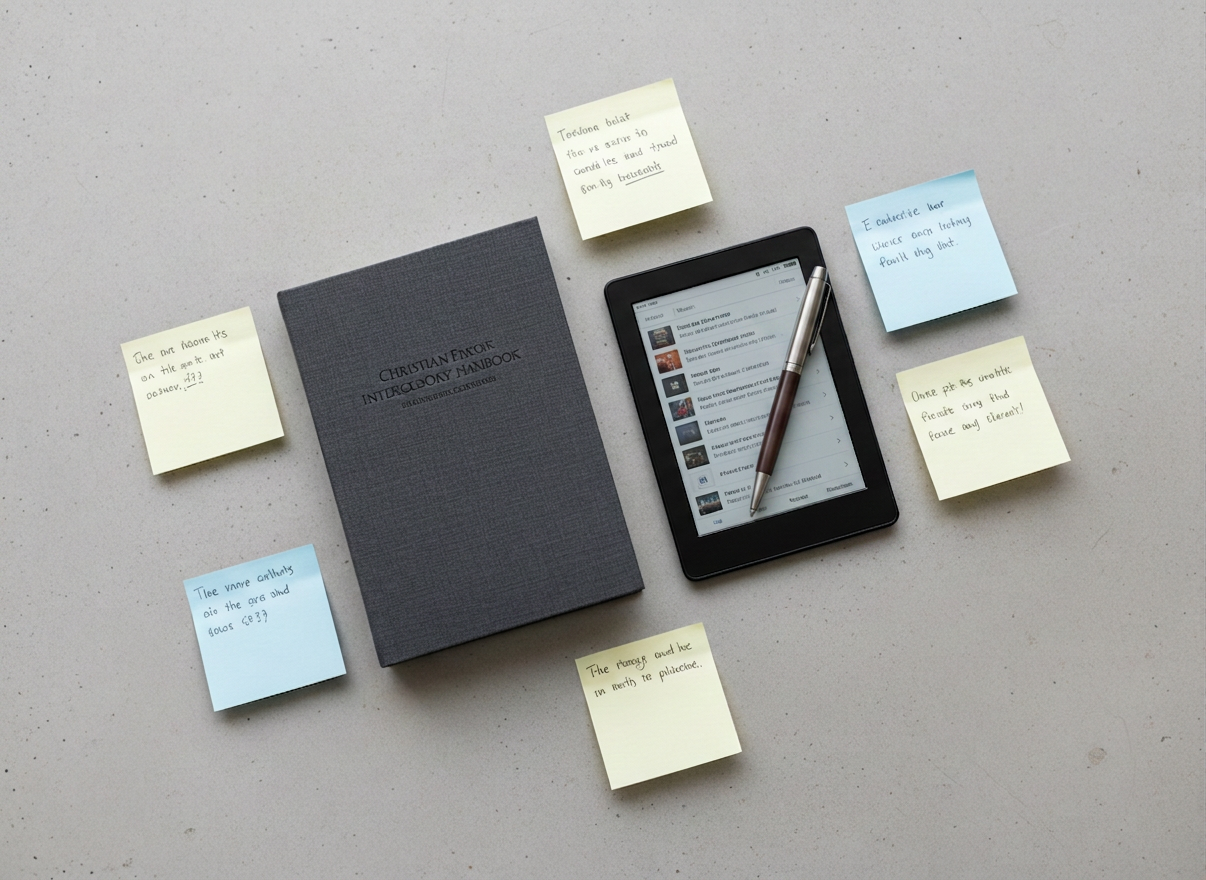 A modern flat-lay composition of essential prayer-study tools arranged with precision on a light concrete surface: a closed Christian intercessory handbook with a textured charcoal-gray cover, a slim e-reader showing an indistinct book listing, a metal bookmark shaped like a stylized cross, and sticky notes with faint, unreadable marks. Overhead, soft overcast daylight produces gentle, shadowless illumination, enhancing textures and maintaining a neutral, professional tone. The objects form a balanced diagonal across the frame, captured in sharp photographic realism. The overall mood is organized, intentional, and scholarly, perfectly suited for a website that guides readers into structured, Holy Spirit-led prayer practices with both print and online purchase pathways implied.